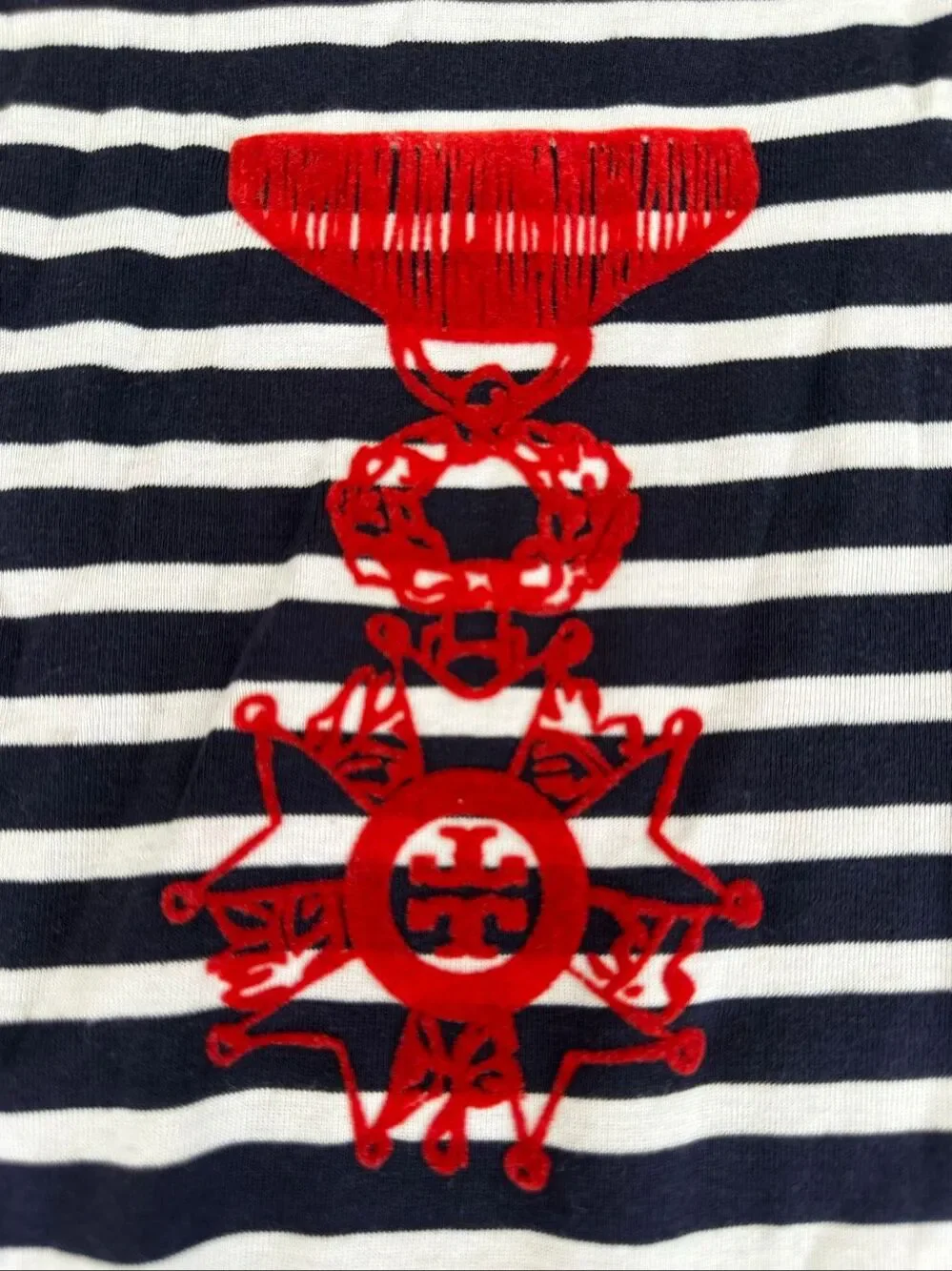 Tory Burch Striped Long Sleeve Tee Navy White Crest Shoulder Button Top L